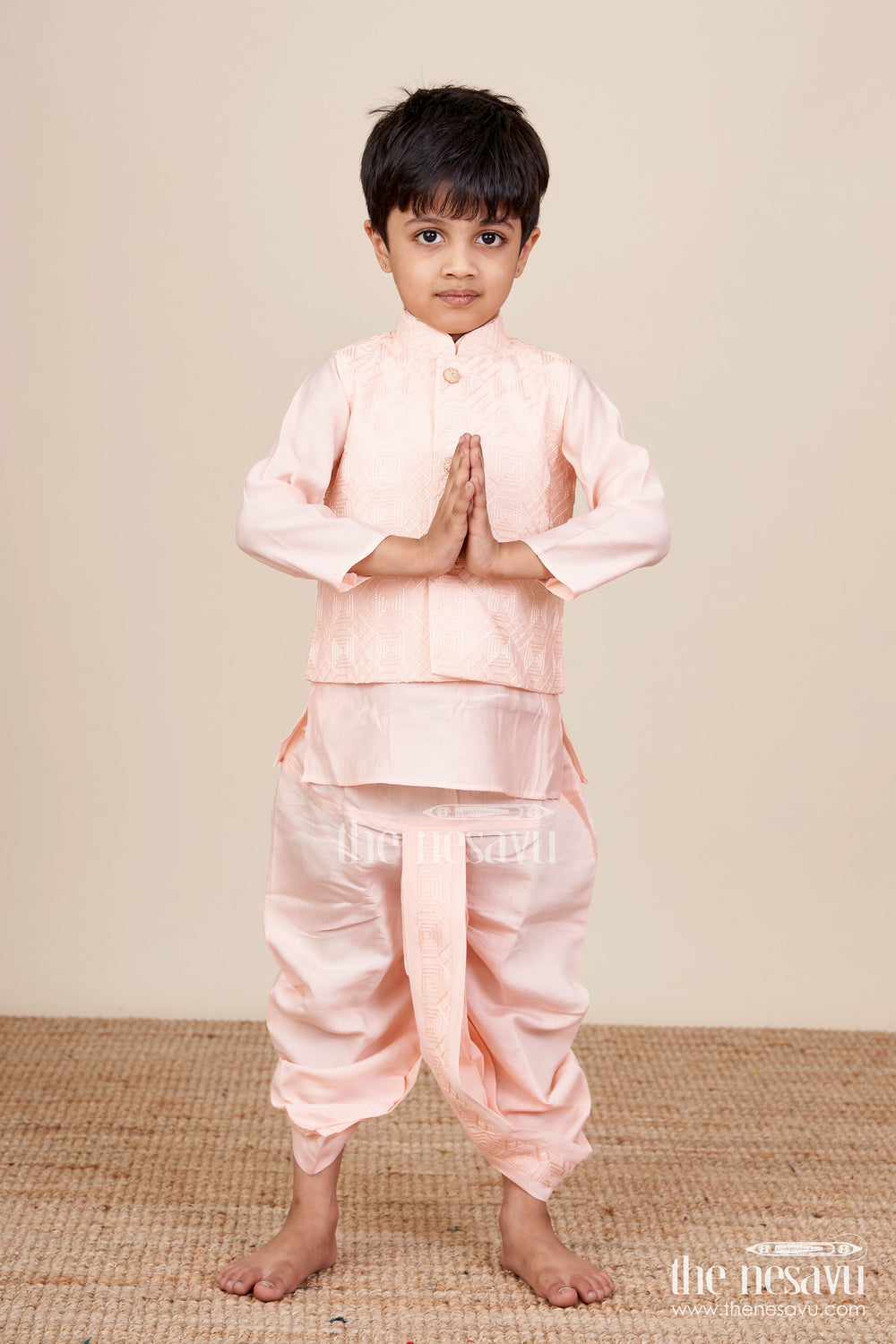 The Nesavu Boys Dothi Set Baby Boy Peach Dhoti Set with Embroidered Silk Jacket for Naming and Festive Wear Nesavu Nesavu peach baby boy dhoti set embroidered silk jacket  perfect naming ceremonies festive events