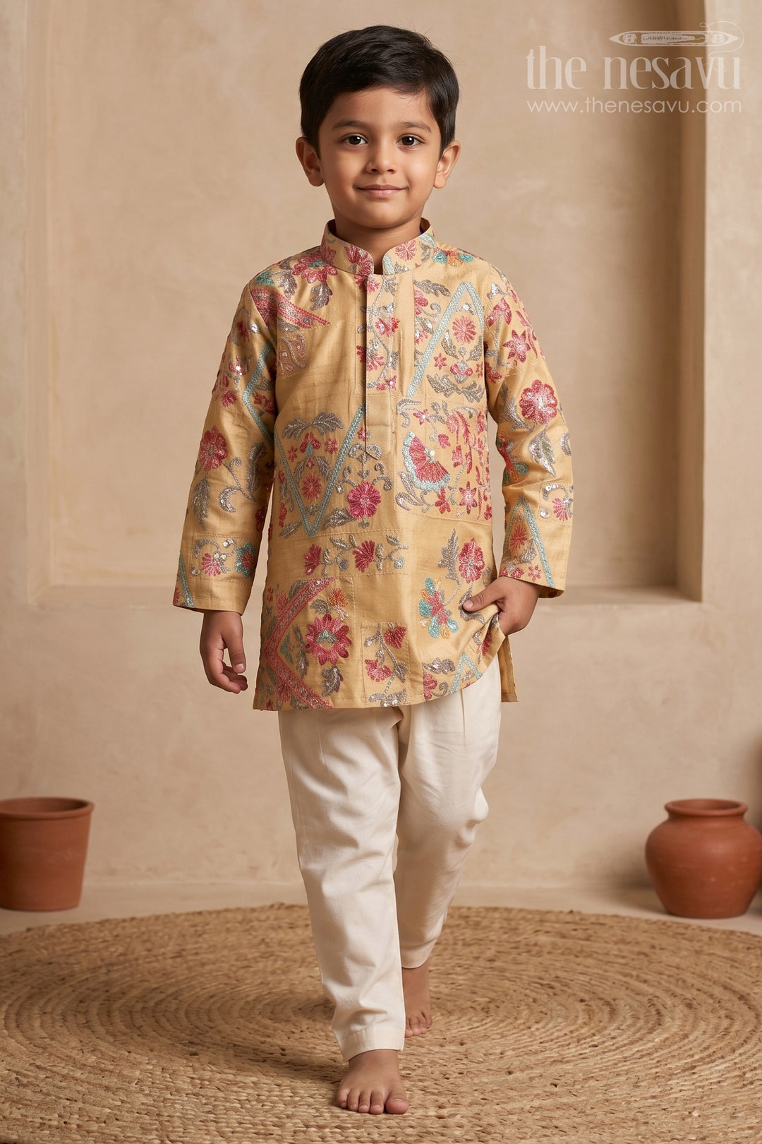 The Nesavu Boys Kurtha Set Baby Boy Premium Dress Set for Weddings and Traditional Functions Nesavu 16 (1Y) / Yellow / Cotton Silk BES1010A-16 Nesavu Baby Boy Sherwani Set For Weddings With Designer Jacket And Traditional Dhoti Outfit