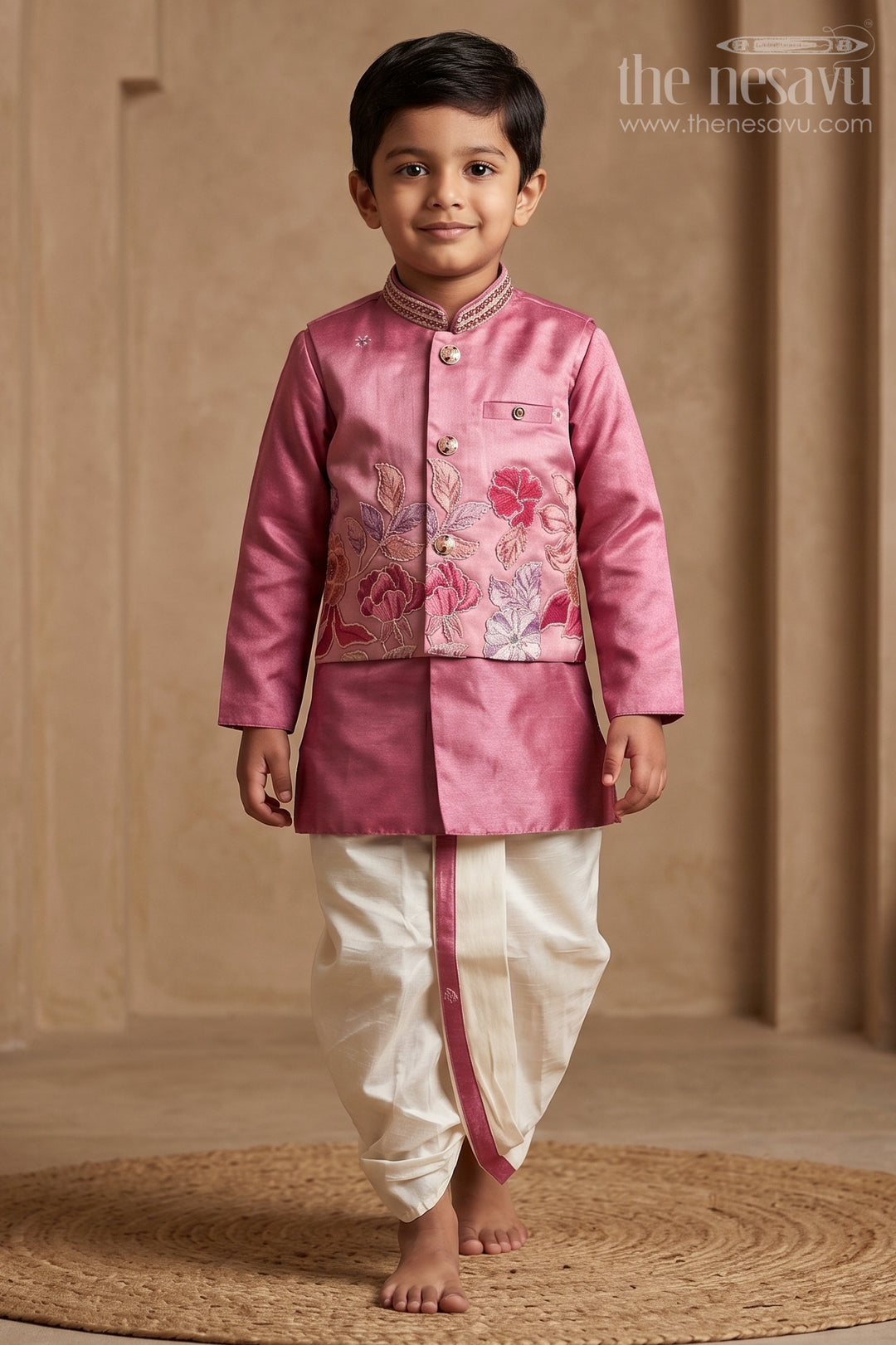 The Nesavu Boys Kurtha Set Baby Boy Premium Dress Set for Weddings and Traditional Functions Nesavu Nesavu Baby Boy Sherwani Set For Weddings With Designer Jacket And Traditional Dhoti Outfit