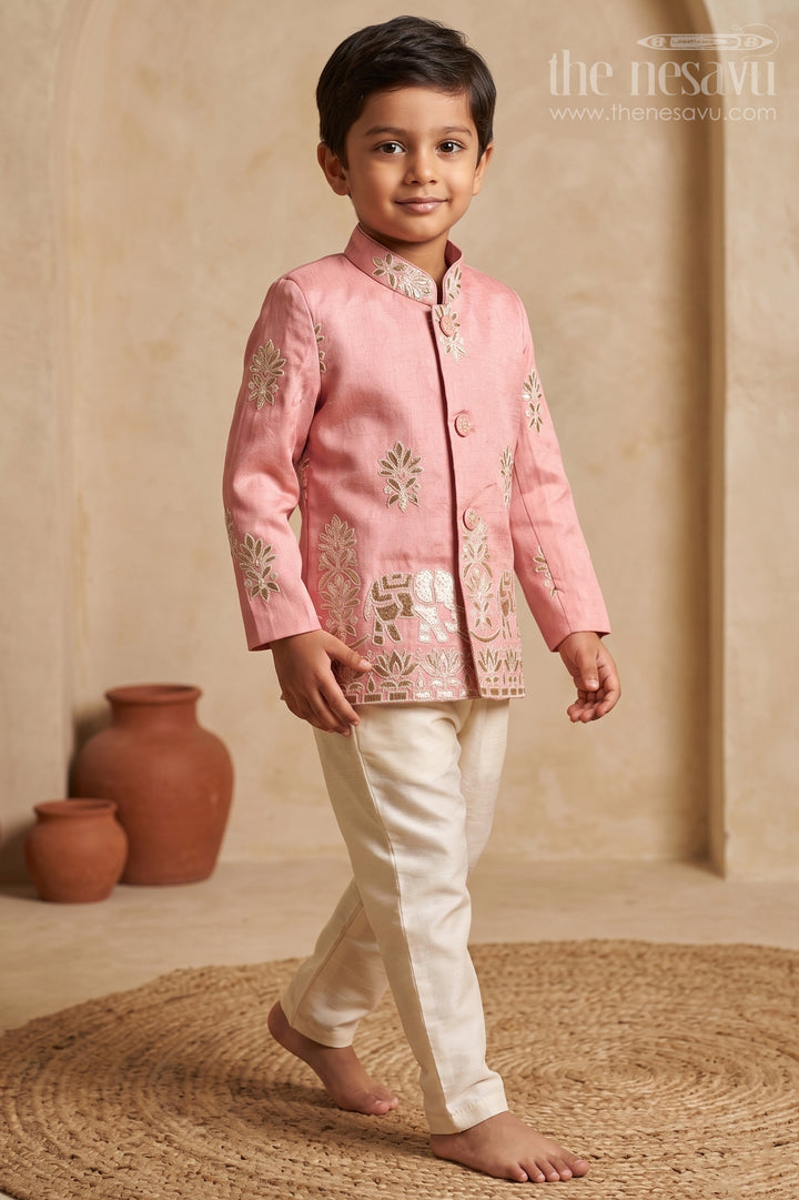 The Nesavu Boys Sherwani Baby Boy Sherwani Set for Festive Celebrations and Special Occasions Nesavu 14 (6M) / Peach / Viscose BES1005C-14 Nesavu Baby Boy Sherwani Set For Festive Celebrations And Special Occasions With Embroidered Silk Design