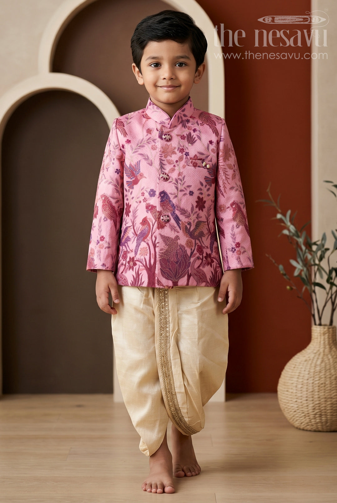 The Nesavu Boys Sherwani Baby Boy Sherwani Set for Festive Weddings and Traditional Celebrations Nesavu 14 (6M) / Pink / Viscose BES1027A-14 Nesavu Baby Boy Sherwani Set With Jacquard Floral Print For Weddings And Festive Celebrations