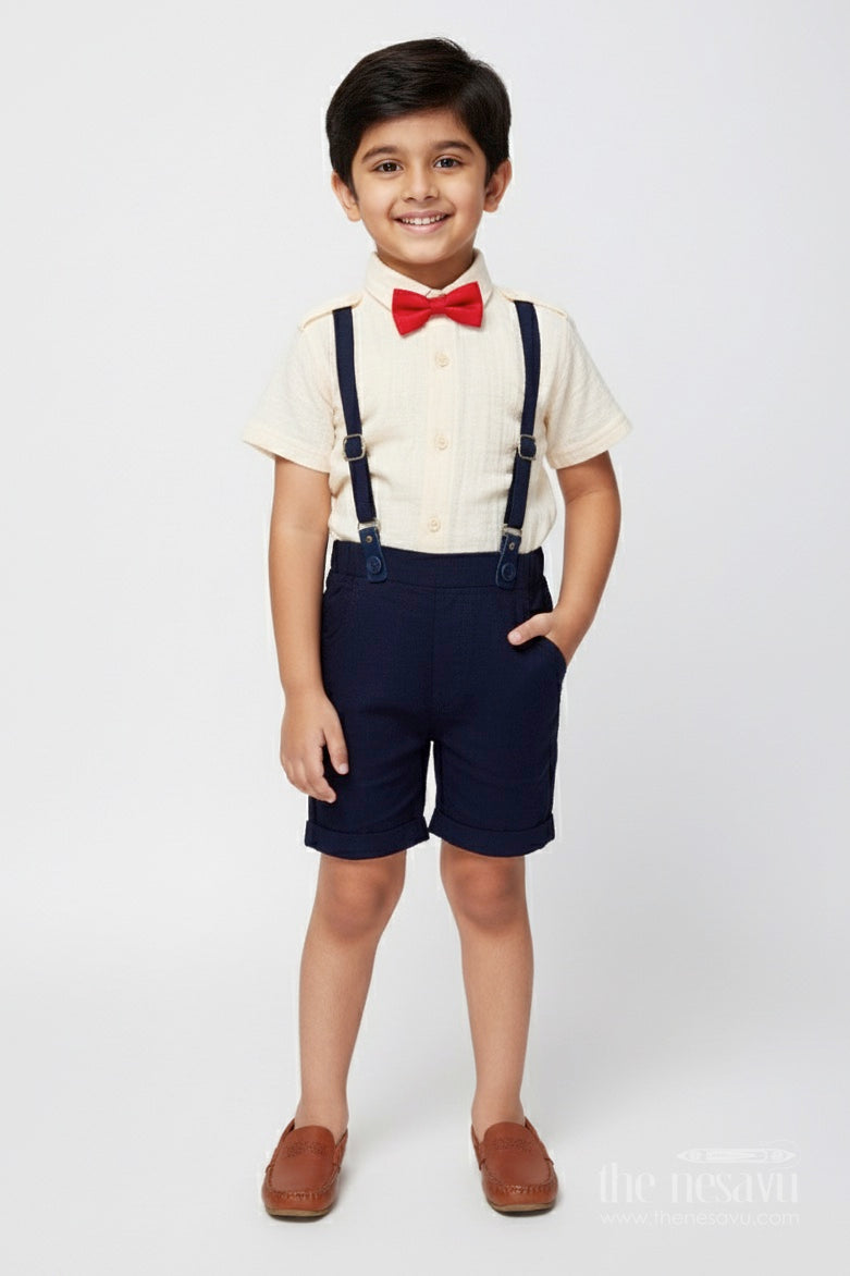 The Nesavu Boys Casual Set Baby Boy Suspender Outfit for Birthdays and Family Photos Nesavu 12 (3M) / Blue BCS474A-12 Nesavu baby boy suspender set cotton bow tie  perfect birthdays photoshoots