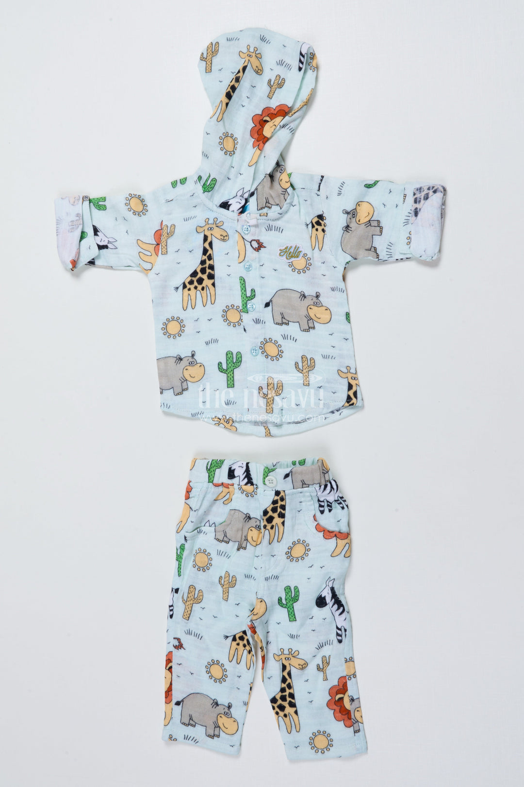 The Nesavu Boys Casual Set Baby Boys Animal Printed Muslin Cotton Set for Everyday Wear Nesavu 12 (3M) / Green BCS502B-12 Nesavu baby boys muslin cotton set animal print hoodie cozy days naps