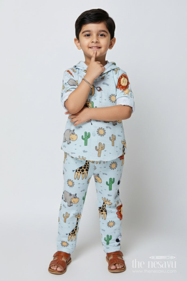 The Nesavu Boys Casual Set Baby Boys Animal Printed Muslin Cotton Set for Everyday Wear Nesavu 12 (3M) / Green BCS502B-12 Nesavu baby boys muslin cotton set animal print hoodie cozy days naps