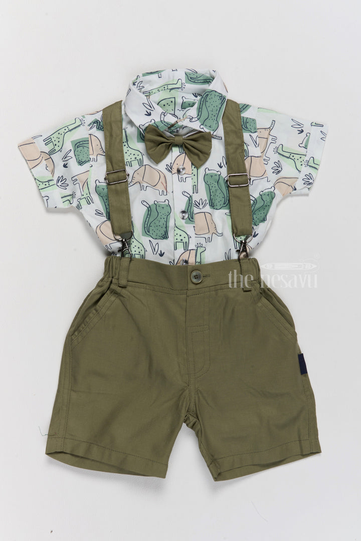 The Nesavu Boys Casual Set Baby Boys Casual Elegant Dresses with Printed Shirt, Green Dungarees, and Bow Tie Nesavu 12 (3M) / Green BCS208B-12 Baby Boys Casual Elegant Dresses Printed Shirt Green Dungarees Bow Tie | The Nesavu