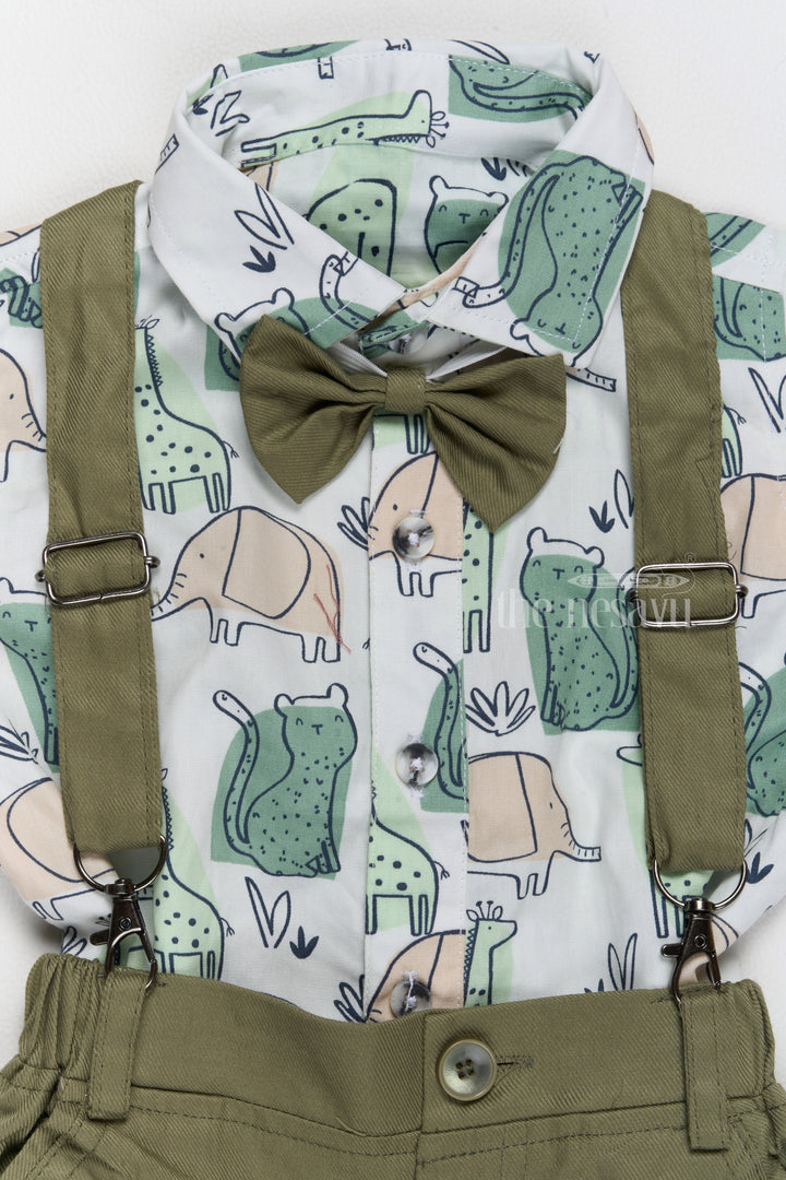 The Nesavu Boys Casual Set Baby Boys Casual Elegant Dresses with Printed Shirt, Green Dungarees, and Bow Tie Nesavu Baby Boys Casual Elegant Dresses Printed Shirt Green Dungarees Bow Tie | The Nesavu