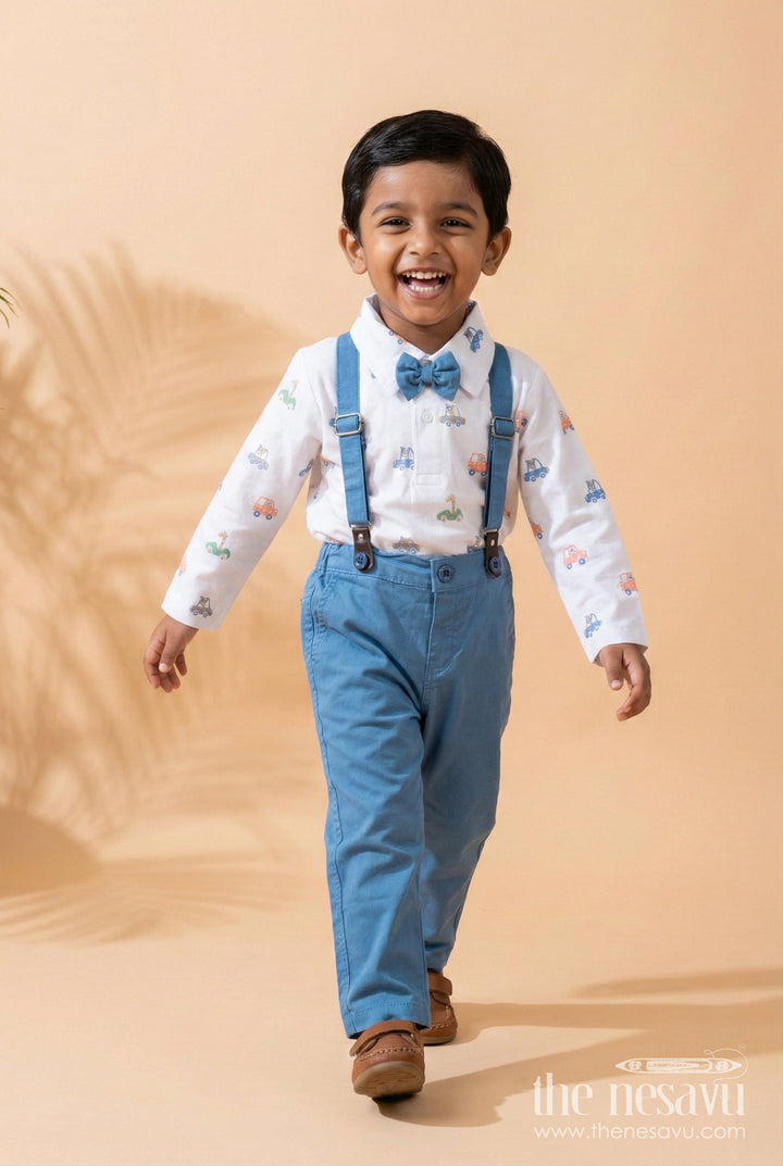 The Nesavu Boys Casual Set Baby Boys Casual Outfit Set with Suspenders for Birthday and Outings Nesavu 12 (3M) / Blue BCS478A-12 Nesavu baby boys casual cotton set suspenders bow tie  perfect outings birthdays