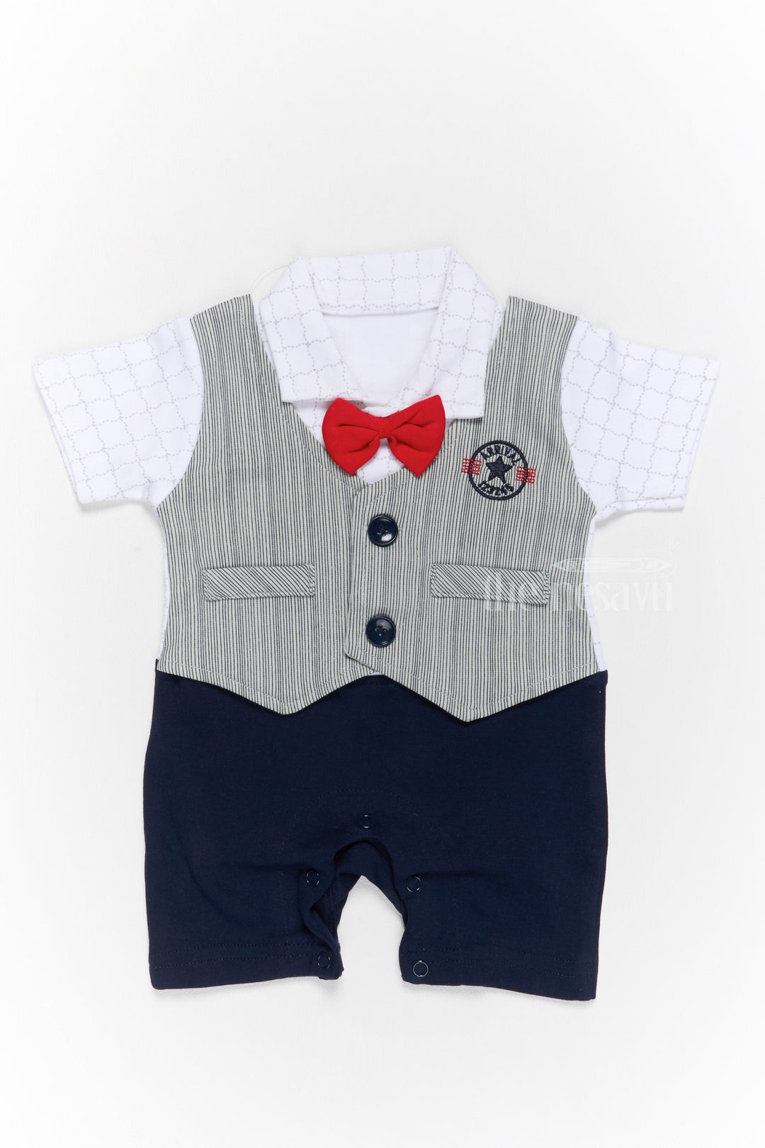 The Nesavu Boys Casual Set Baby Boys Casual Party Outfit with White Shirt, Grey Vest, and Red Bow Tie Nesavu 10 (NB) / White BCS207B-10 Baby Boys Casual Party Outfit White Shirt Grey Vest Red Bow Tie Black Shorts | The Nesavu