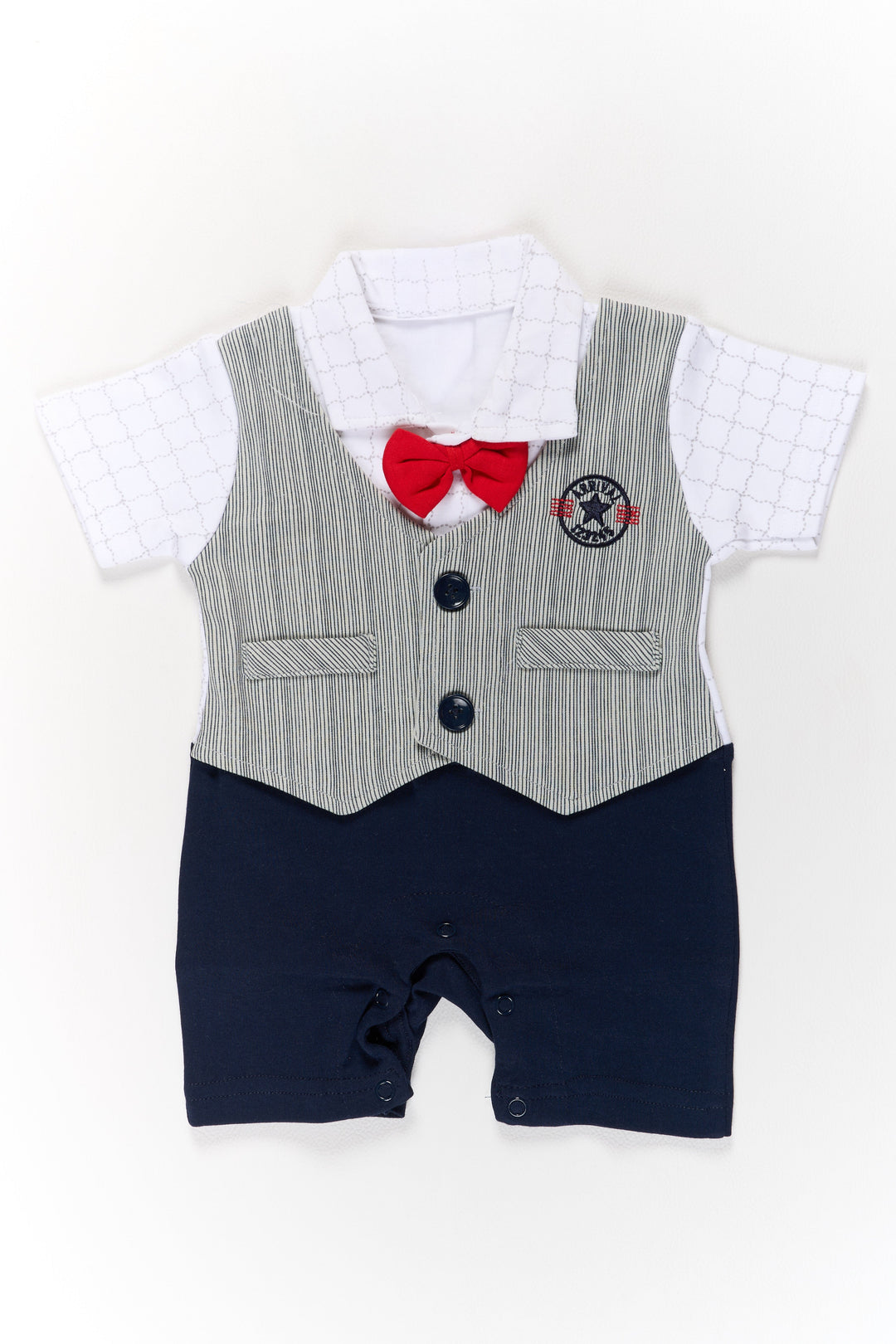 The Nesavu Boys Casual Set Baby Boys Casual Party Wear Dresses with White Shirt, Grey Vest, and Red Bow Tie Nesavu 10 (NB) / Half white BCS207A-10 Baby Boys Casual Party Wear Dresses White Shirt Grey Vest Red Bow Tie Black Shorts | The Nesavu