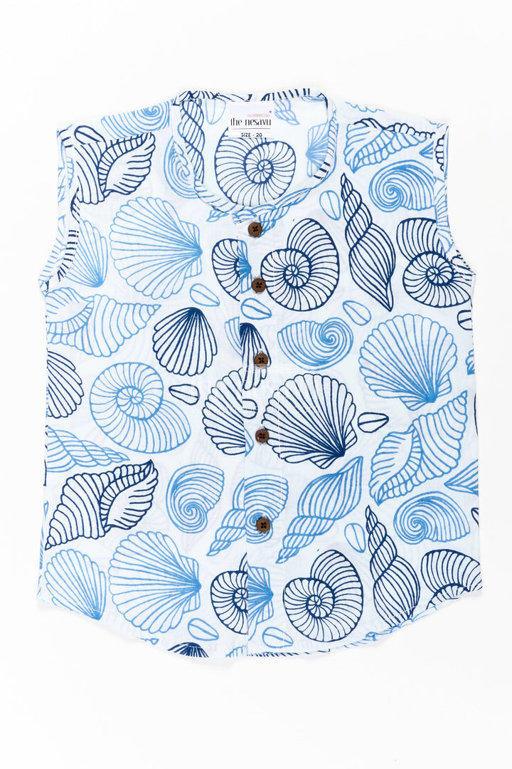 The Nesavu Baby Jablas Baby Boys Cotton Jabla in Nautical Blue Shell Motif Print for Everyday Jhabla for Infants Style Nesavu 10 (NB) / Blue IF027A-10 Jhabla infants Cotton Digital Nautical Blue Print Wooden Button Detail | The Nesavu