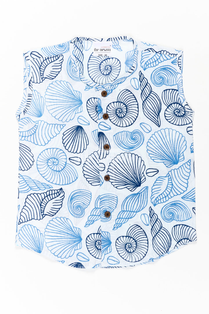 The Nesavu Baby Jablas Baby Boys Cotton Jabla in Nautical Blue Shell Motif Print for Everyday Jhabla for Infants Style Nesavu Jhabla infants Cotton Digital Nautical Blue Print Wooden Button Detail | The Nesavu