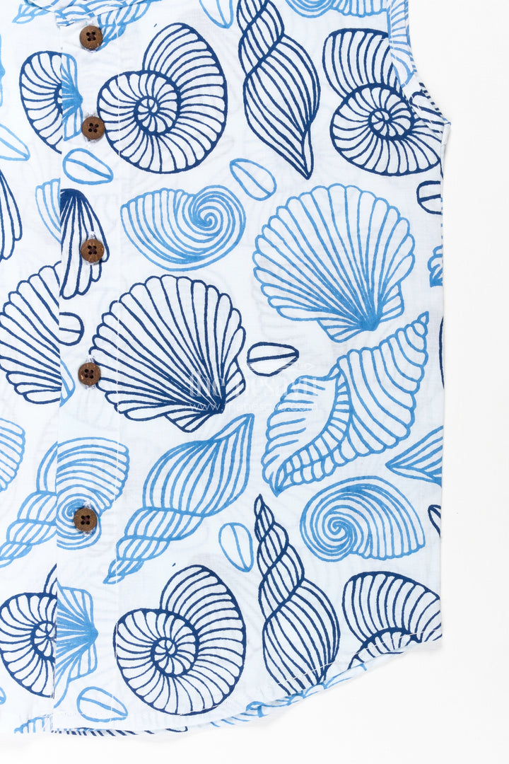 The Nesavu Baby Jablas Baby Boys Cotton Jabla in Nautical Blue Shell Motif Print for Everyday Jhabla for Infants Style Nesavu Jhabla infants Cotton Digital Nautical Blue Print Wooden Button Detail | The Nesavu