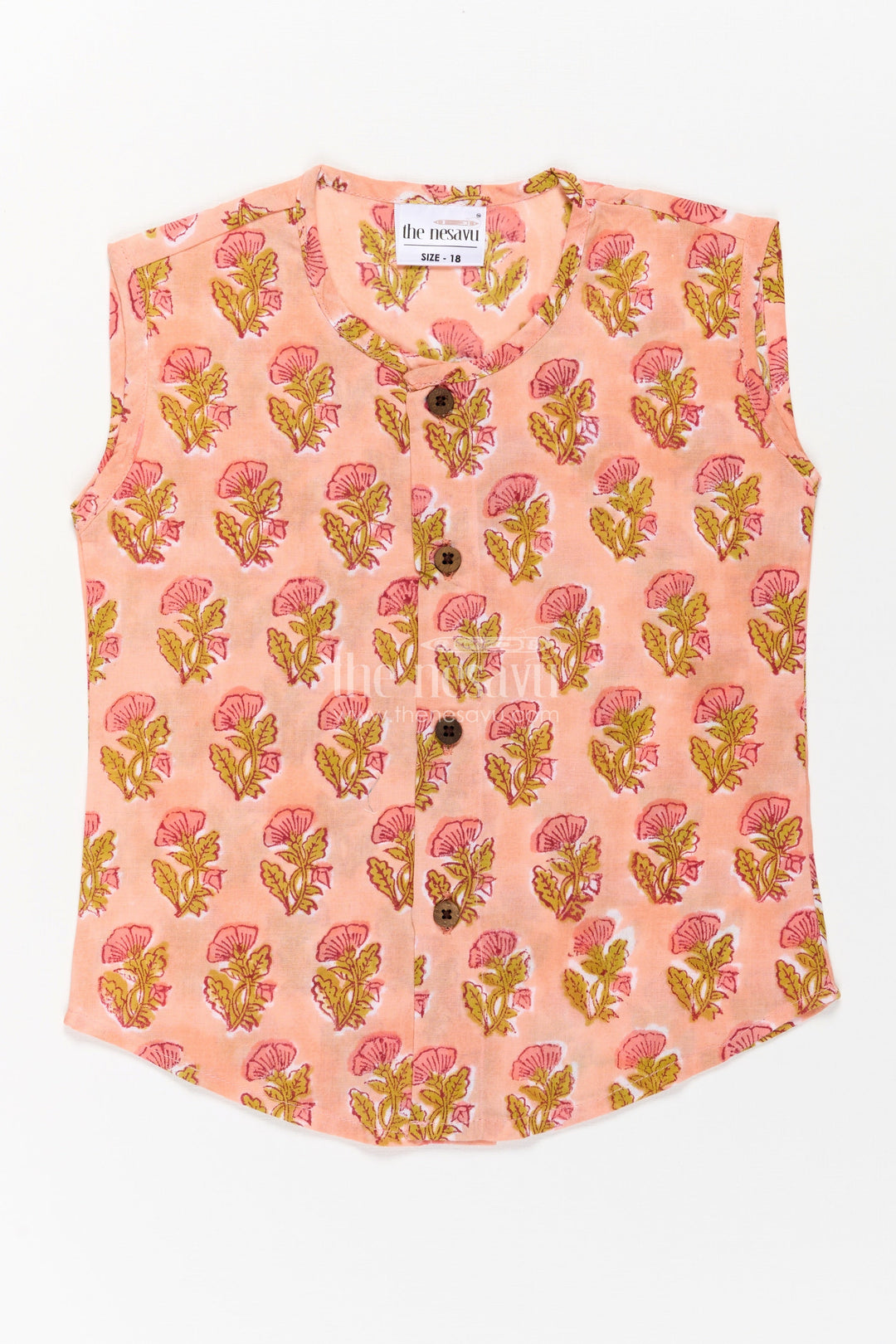 The Nesavu Baby Jablas Baby Boys Cotton Jabla in Peach with Floral Digital Print and Wooden Buttons in Cotton Jablas for Newborn Style Nesavu 10 (NB) / Orange IF028B-10 Cotton jablas newborn Peach Digital Floral Print Wooden Button Closure | The Nesavu