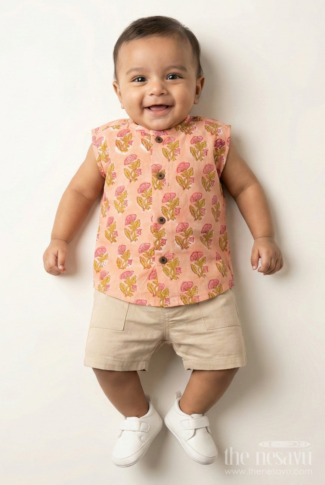 The Nesavu Baby Jablas Baby Boys Cotton Jabla in Peach with Floral Digital Print and Wooden Buttons in Cotton Jablas for Newborn Style Nesavu 10 (NB) / Orange IF028B-10 Cotton jablas newborn Peach Digital Floral Print Wooden Button Closure | The Nesavu