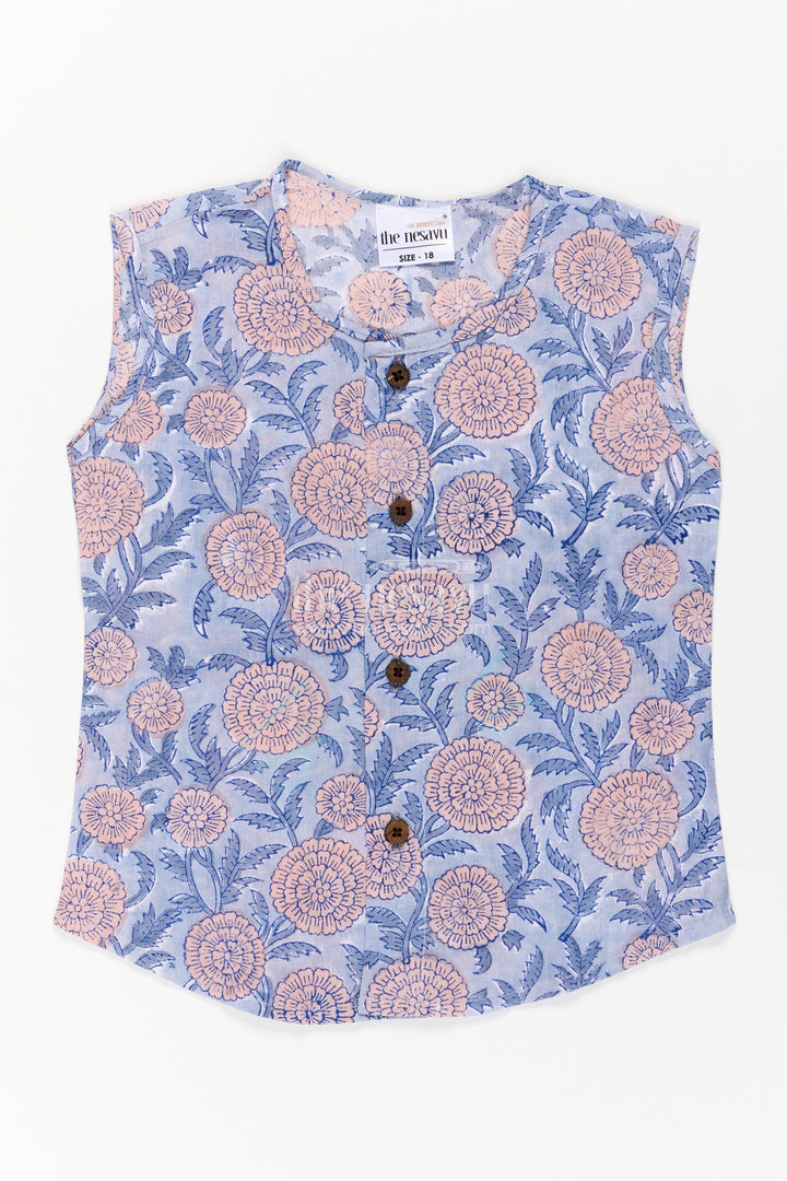 The Nesavu Baby Jablas Baby Boys Cotton Jabla with Dusky Blue Base and Delicate Floral Digital Print in Newborn Jhabla Online Style Nesavu 10 (NB) / Blue IF031B-10 Newborn jhabla online Dusky Blue Cotton Pink Floral Digital Print Wooden Button Front | The Nesavu
