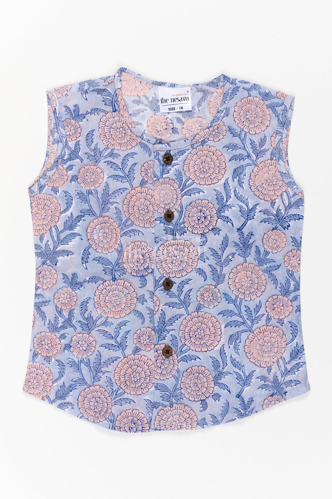 The Nesavu Baby Jablas Baby Boys Cotton Jabla with Dusky Blue Base and Delicate Floral Digital Print in Newborn Jhabla Online Style Nesavu Newborn jhabla online Dusky Blue Cotton Pink Floral Digital Print Wooden Button Front | The Nesavu