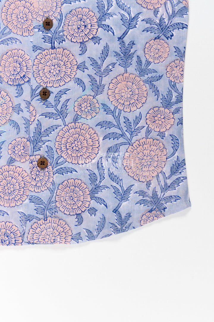 The Nesavu Baby Jablas Baby Boys Cotton Jabla with Dusky Blue Base and Delicate Floral Digital Print in Newborn Jhabla Online Style Nesavu Newborn jhabla online Dusky Blue Cotton Pink Floral Digital Print Wooden Button Front | The Nesavu