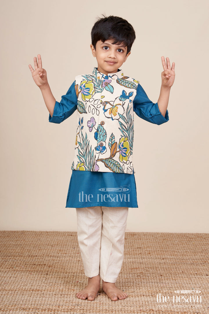 The Nesavu Boys Jacket Sets Baby Boys Cotton Jacket Kurta Set for Festive and Cultural Wear Nesavu 16 (1Y) / Blue BES903B-16 Nesavu baby boys cotton ethnic jacket kurta set festive wear traditional celebrations