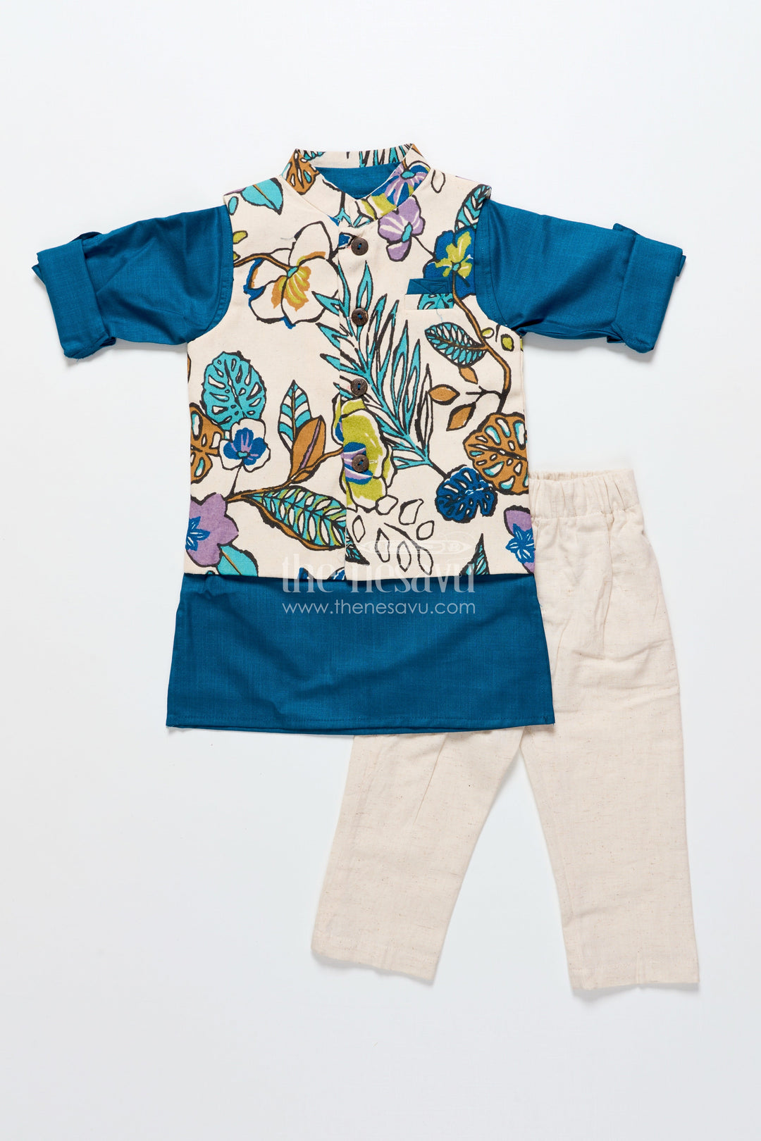 The Nesavu Boys Jacket Sets Baby Boys Cotton Jacket Kurta Set for Festive and Cultural Wear Nesavu Nesavu baby boys cotton ethnic jacket kurta set festive wear traditional celebrations