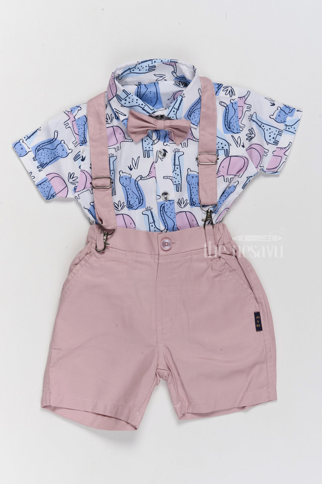 The Nesavu Boys Casual Set Baby Boys Cotton Short Dungarees Set with Printed Shirt and Bow Tie for Casual Wear Nesavu 12 (3M) / Pink BCS208A-12 Baby Boys Cotton Short Dungarees Printed Shirt Bow Tie Casual Outfit | The Nesavu