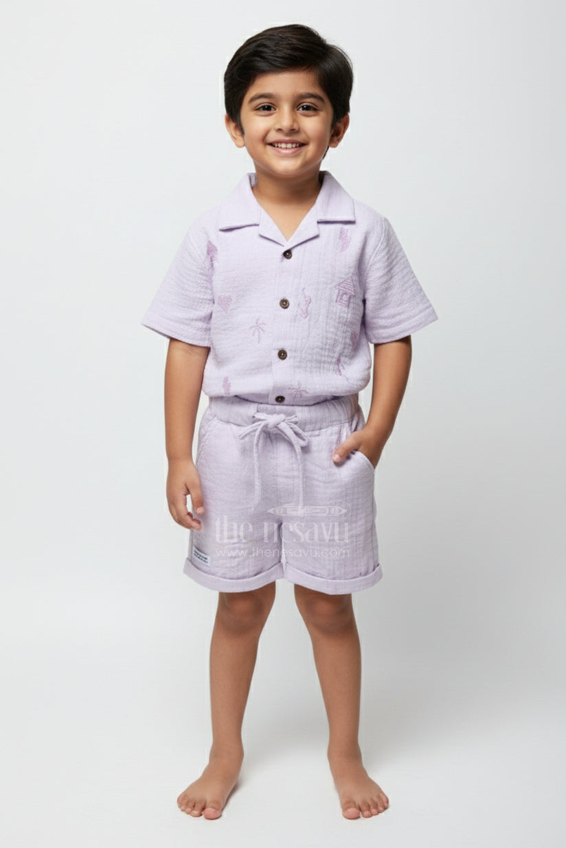 The Nesavu Boys Casual Set Baby Boys Embroidered Muslin Cotton Set for Festive Casuals Nesavu 16 (1Y) / Purple BCS419A-16 Nesavu baby boys embroidered muslin cotton set purple festive traditional casual wear