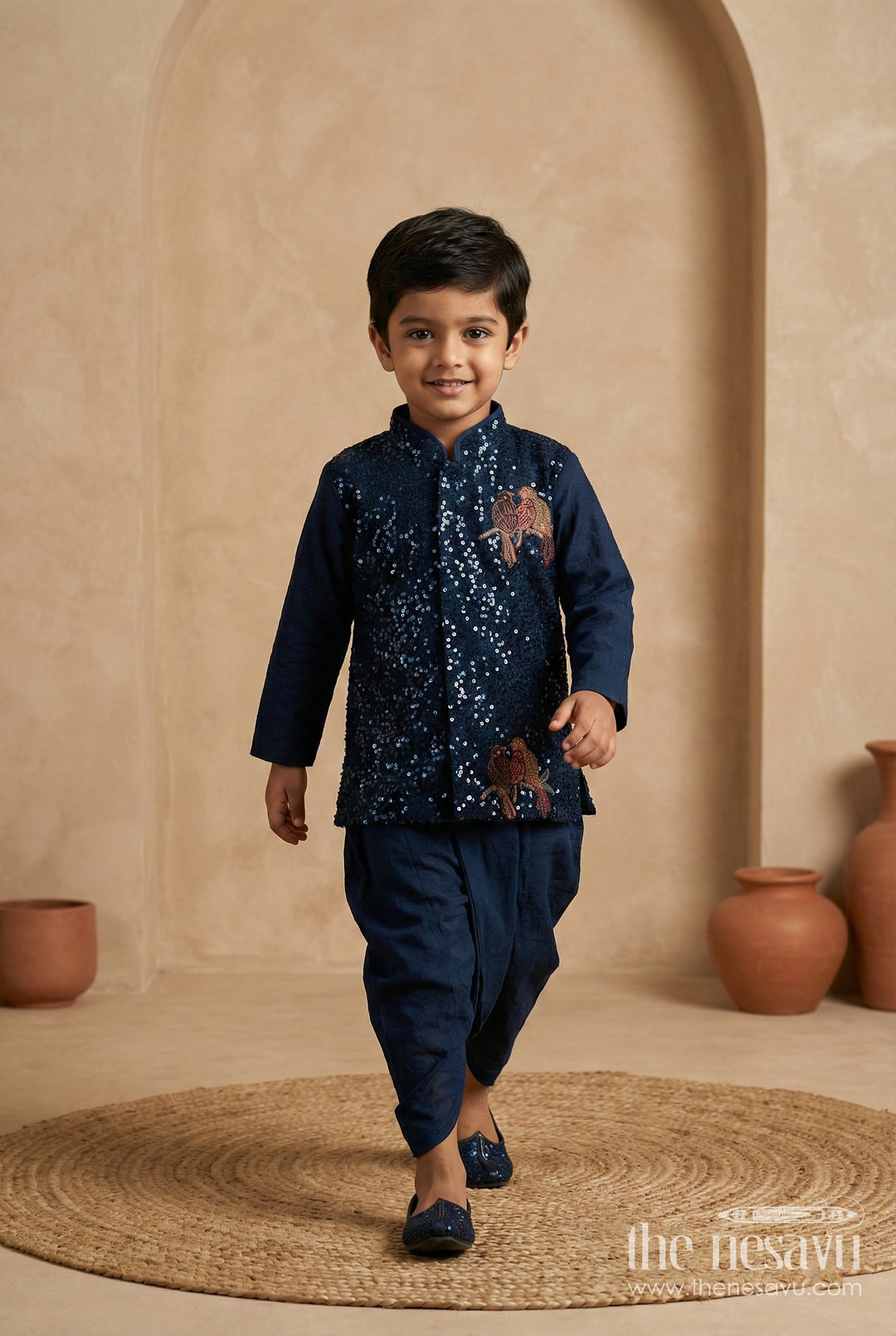 The Nesavu Boys Dothi Set Baby Boys Ethnic Dhoti Set for Festive Dressing and Cultural Programs Nesavu 10 (NB) / Green / Georgette BES944B-10 Nesavu baby boys sequin embroidered dhoti set with bird motif for traditional festivals