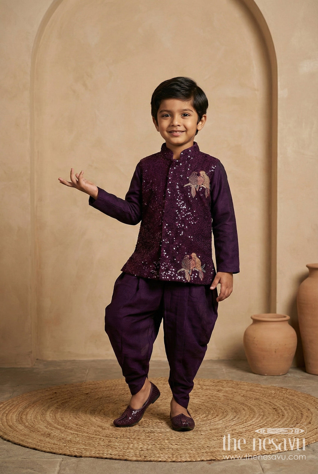 The Nesavu Boys Dothi Set Baby Boys Ethnic Dhoti Set for Weddings and Traditional Celebrations Nesavu 10 (NB) / Maroon / Georgette BES944D-10 Nesavu baby boys sequin embroidered dhoti set with bird motifs for traditional functions