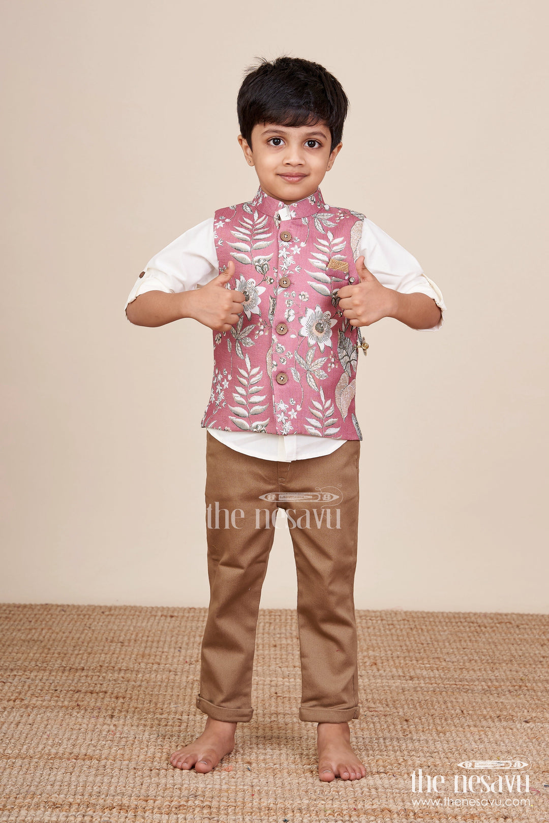 The Nesavu Boys Jacket Sets Baby Boys Ethnic Jacket Set for Weddings and Celebrations Nesavu 16 (1Y) / Pink BCS428B-16 Nesavu baby boys festive jacket set digital prints wedding wear traditional functions