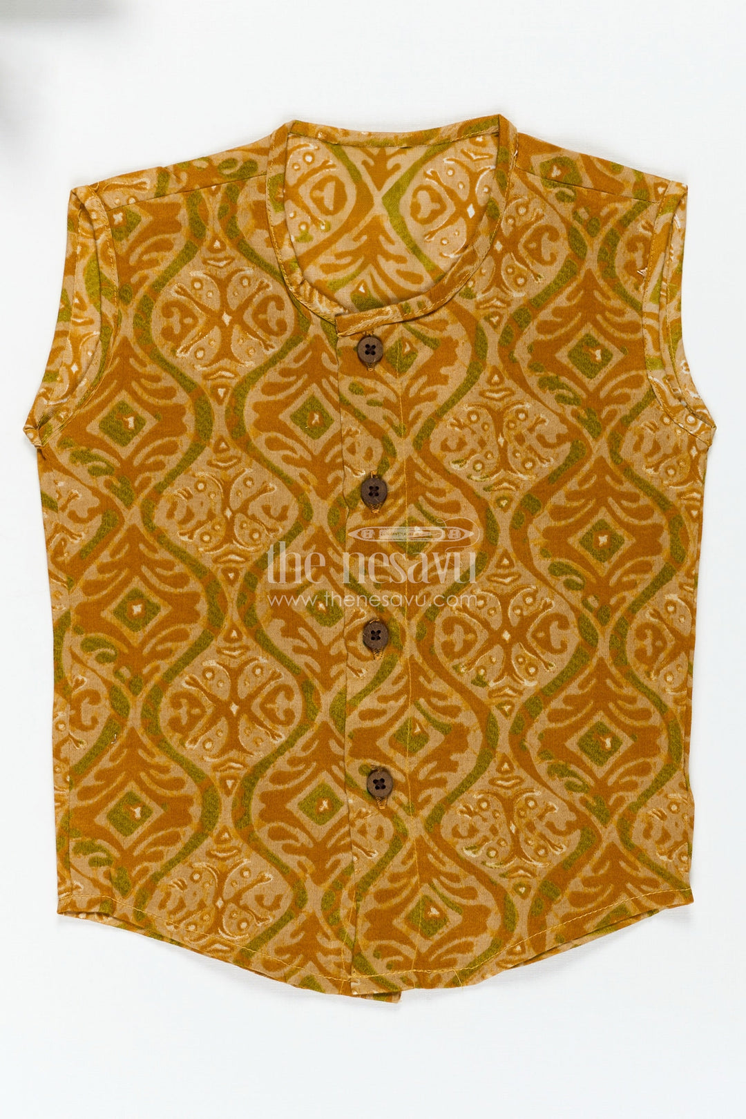 The Nesavu Baby Jablas Baby Boys Ethnic Yellow Sleeveless Jabla with Batik Print and Wooden Buttons in Infant Jhabla Design Nesavu 10 (NB) / Yellow IF025D-10 Nesavu infant jhabla Baby Boys Yellow Rayon Traditional Batik Print Wooden Button Detail