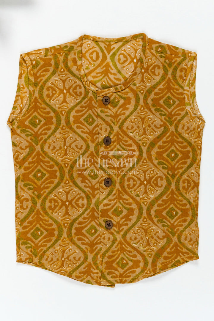 The Nesavu Baby Jablas Baby Boys Ethnic Yellow Sleeveless Jabla with Batik Print and Wooden Buttons in Infant Jhabla Design Nesavu 10 (NB) / Yellow IF025D-10 Nesavu infant jhabla Baby Boys Yellow Rayon Traditional Batik Print Wooden Button Detail