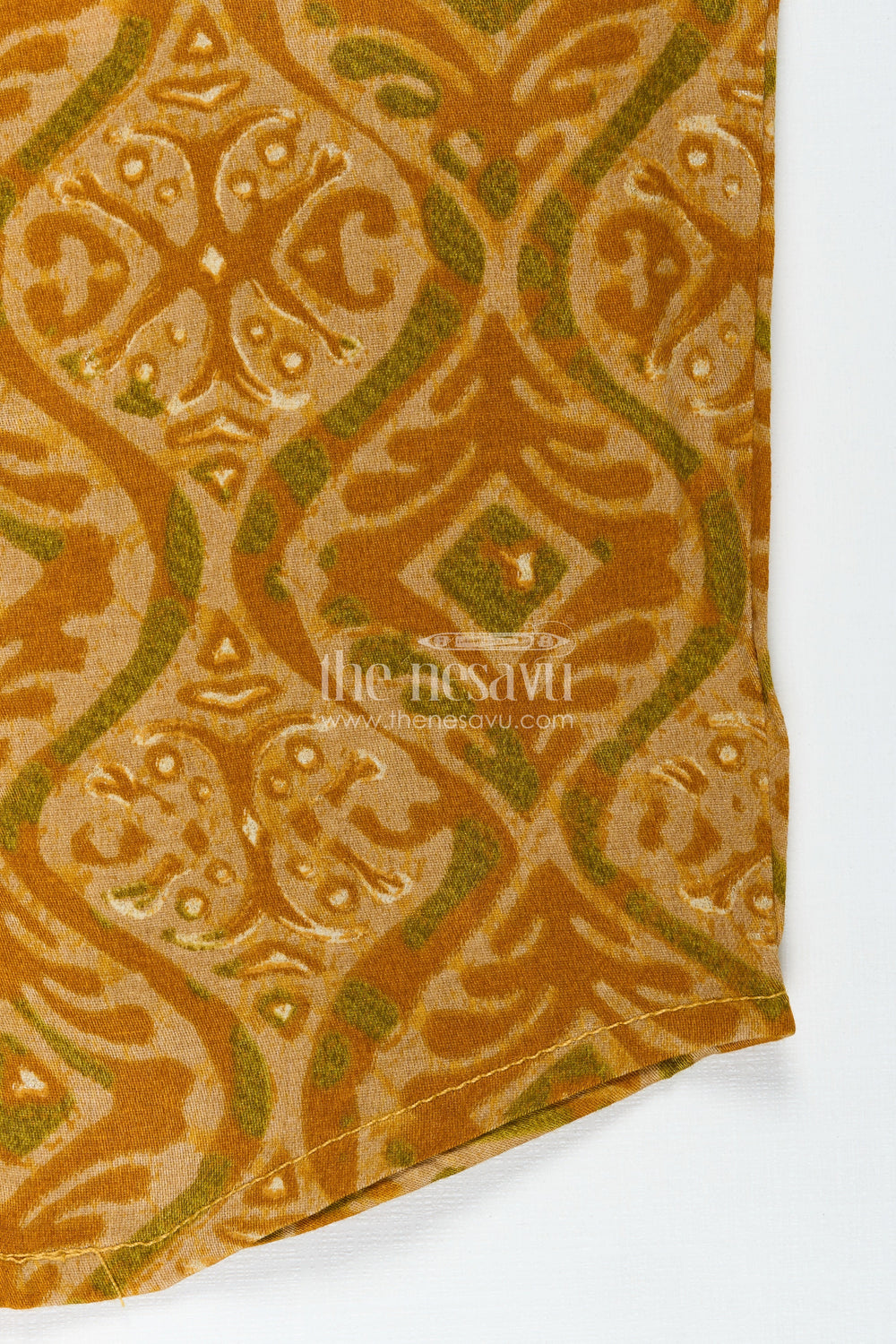 The Nesavu Baby Jablas Baby Boys Ethnic Yellow Sleeveless Jabla with Batik Print and Wooden Buttons in Infant Jhabla Design Nesavu Nesavu infant jhabla Baby Boys Yellow Rayon Traditional Batik Print Wooden Button Detail