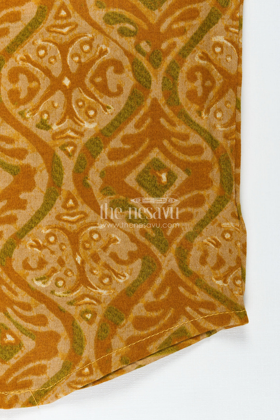 The Nesavu Baby Jablas Baby Boys Ethnic Yellow Sleeveless Jabla with Batik Print and Wooden Buttons in Infant Jhabla Design Nesavu Nesavu infant jhabla Baby Boys Yellow Rayon Traditional Batik Print Wooden Button Detail