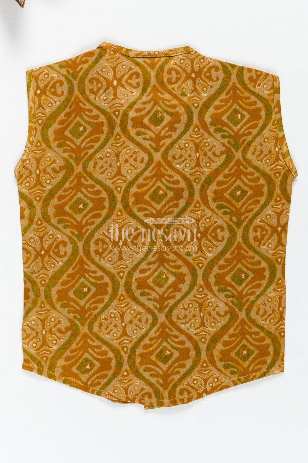 The Nesavu Baby Jablas Baby Boys Ethnic Yellow Sleeveless Jabla with Batik Print and Wooden Buttons in Infant Jhabla Design Nesavu Nesavu infant jhabla Baby Boys Yellow Rayon Traditional Batik Print Wooden Button Detail