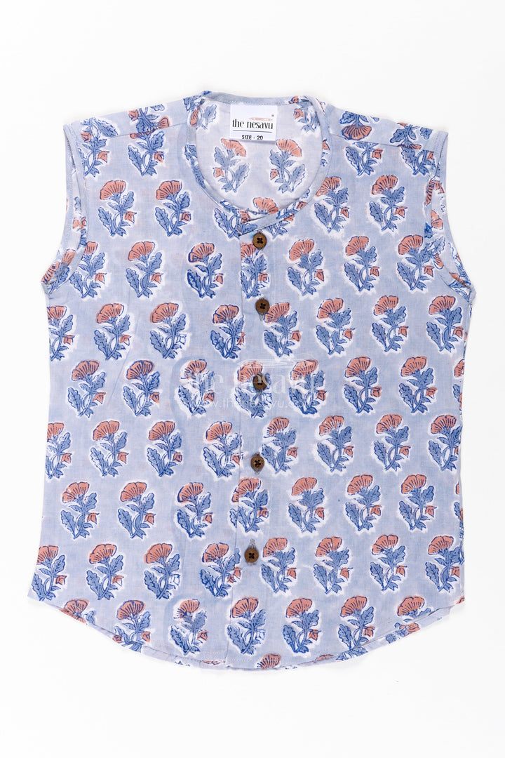 The Nesavu Baby Jablas Baby Boys Grey Cotton Jabla with Floral Digital Print and Wooden Buttons in New Born Jabla Style Nesavu 10 (NB) / Blue IF028A-10 New born jabla Grey Cotton Floral Digital Print Wooden Button Finish Baby Boys | The Nesavu