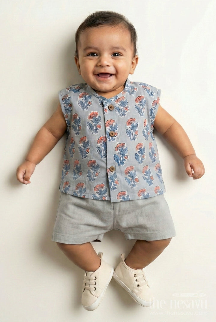 The Nesavu Baby Jablas Baby Boys Grey Cotton Jabla with Floral Digital Print and Wooden Buttons in New Born Jabla Style Nesavu 10 (NB) / Blue IF028A-10 New born jabla Grey Cotton Floral Digital Print Wooden Button Finish Baby Boys | The Nesavu