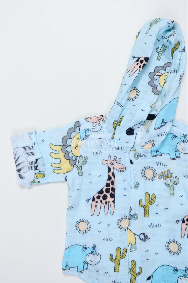 The Nesavu Boys Casual Set Baby Boys Muslin Cotton Animal Print Set for Playtime and Naps Nesavu Nesavu muslin cotton baby boys outfit animal print hoodie sleep play