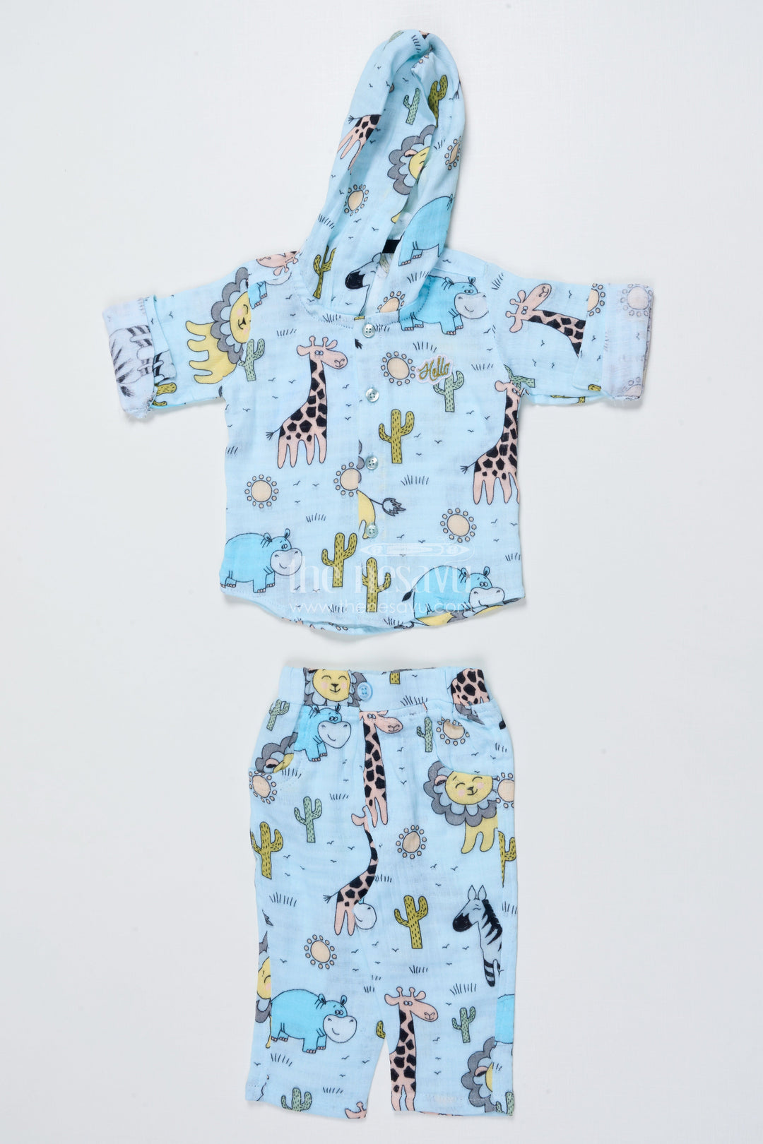 The Nesavu Boys Casual Set Baby Boys Muslin Cotton Animal Print Set for Playtime and Naps Nesavu Nesavu muslin cotton baby boys outfit animal print hoodie sleep play