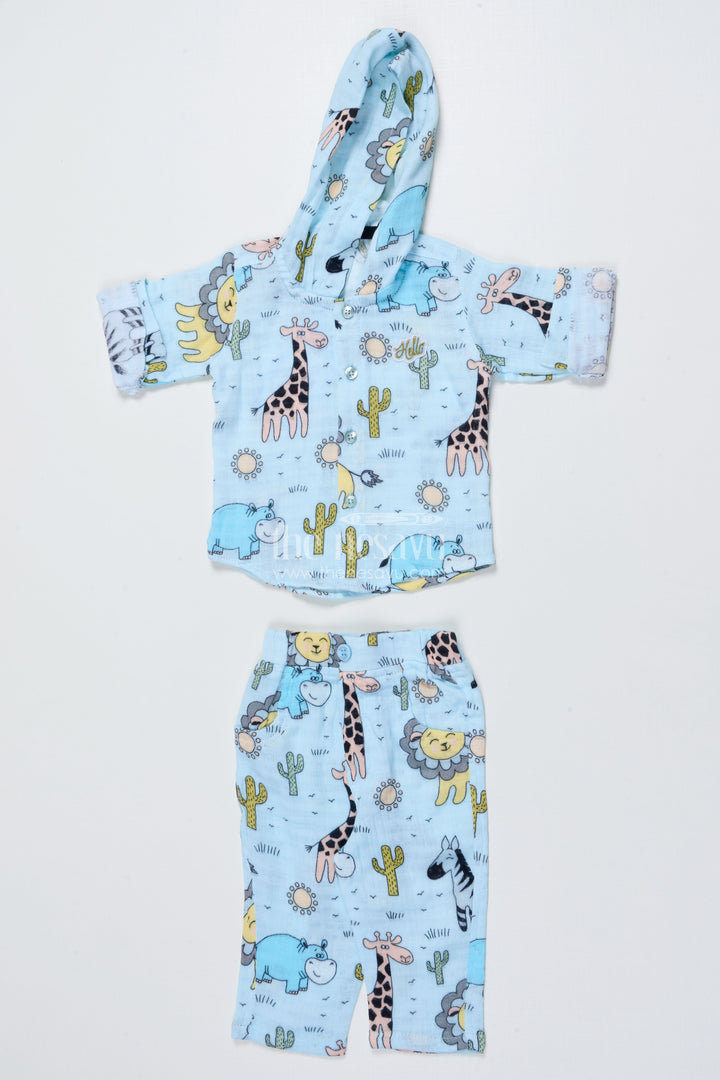 The Nesavu Boys Casual Set Baby Boys Muslin Cotton Animal Print Set for Playtime and Naps Nesavu Nesavu muslin cotton baby boys outfit animal print hoodie sleep play