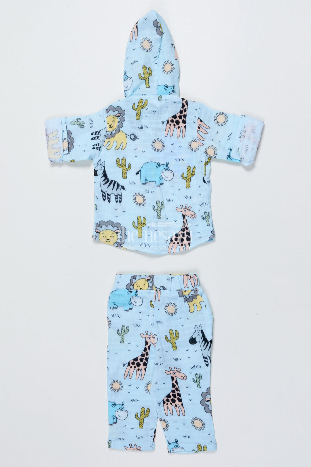 The Nesavu Boys Casual Set Baby Boys Muslin Cotton Animal Print Set for Playtime and Naps Nesavu Nesavu muslin cotton baby boys outfit animal print hoodie sleep play