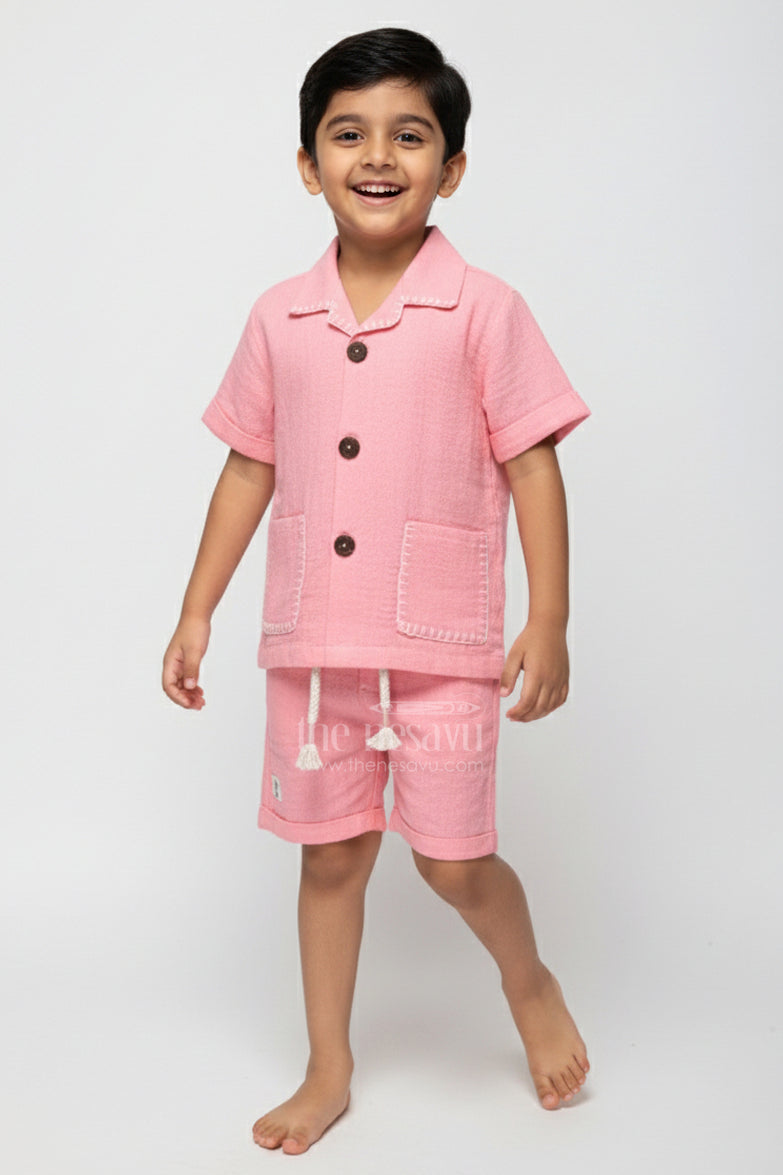The Nesavu Boys Casual Set Baby Boys Muslin Cotton Casual Set for Summer Comfort Nesavu 16 (1Y) / Pink BCS418A-16 Nesavu baby boys muslin cotton set pink summer play casual wear