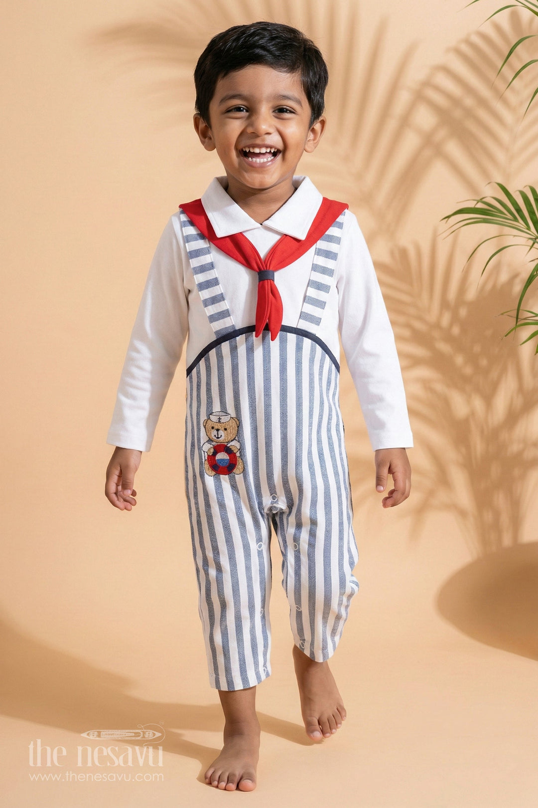The Nesavu Boys Casual Set Baby Boys Nautical-Inspired Casual Set with Striped Pants and Teddy Bear Embroidery Nesavu 12 (3M) / Multicolor BCS160B-12 Nesavu Baby Boys Striped Nautical Romper Red Necktie Teddy Bear Embroidery