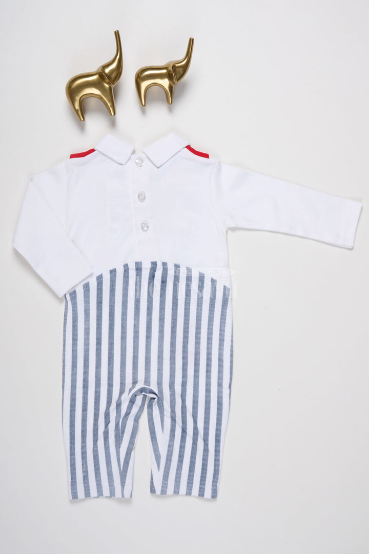 The Nesavu Boys Casual Set Baby Boys Nautical-Inspired Casual Set with Striped Pants and Teddy Bear Embroidery Nesavu Nesavu Baby Boys Striped Nautical Romper Red Necktie Teddy Bear Embroidery