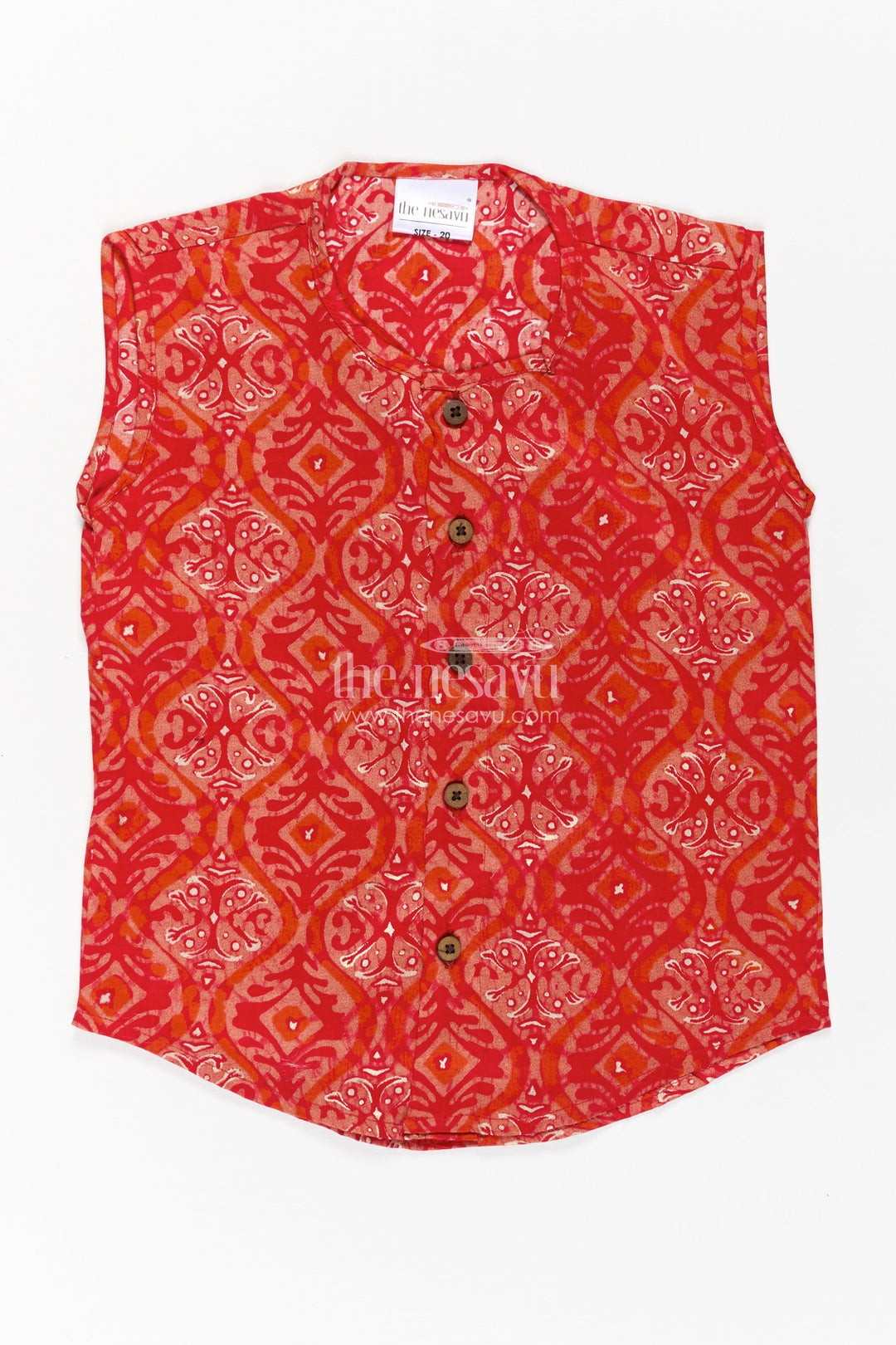 The Nesavu Baby Jablas Baby Boys Pink Sleeveless Jabla Top in Soft Rayon Fabric for Everyday Jhabla Dress Style Nesavu 10 (NB) / Red IF025C-10 Jhabla dress Baby Boys Pink Batik Rayon Fabric Wooden Buttons Mandarin Collar | The Nesavu