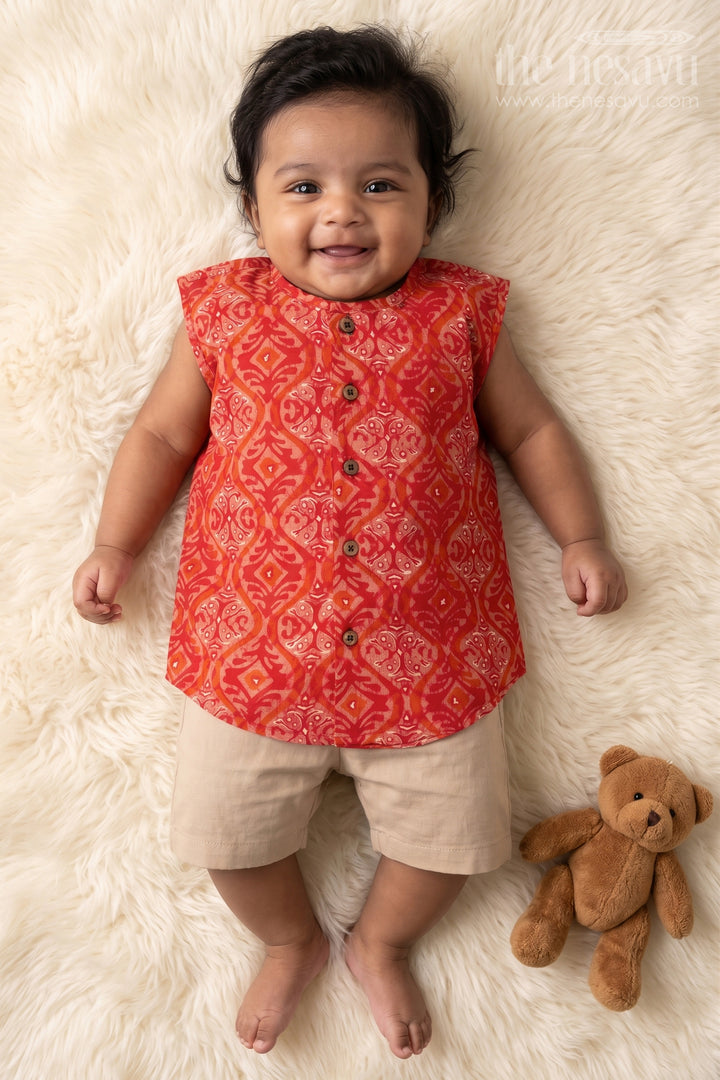 The Nesavu Baby Jablas Baby Boys Pink Sleeveless Jabla Top in Soft Rayon Fabric for Everyday Jhabla Dress Style Nesavu 10 (NB) / Red IF025C-10 Jhabla dress Baby Boys Pink Batik Rayon Fabric Wooden Buttons Mandarin Collar | The Nesavu