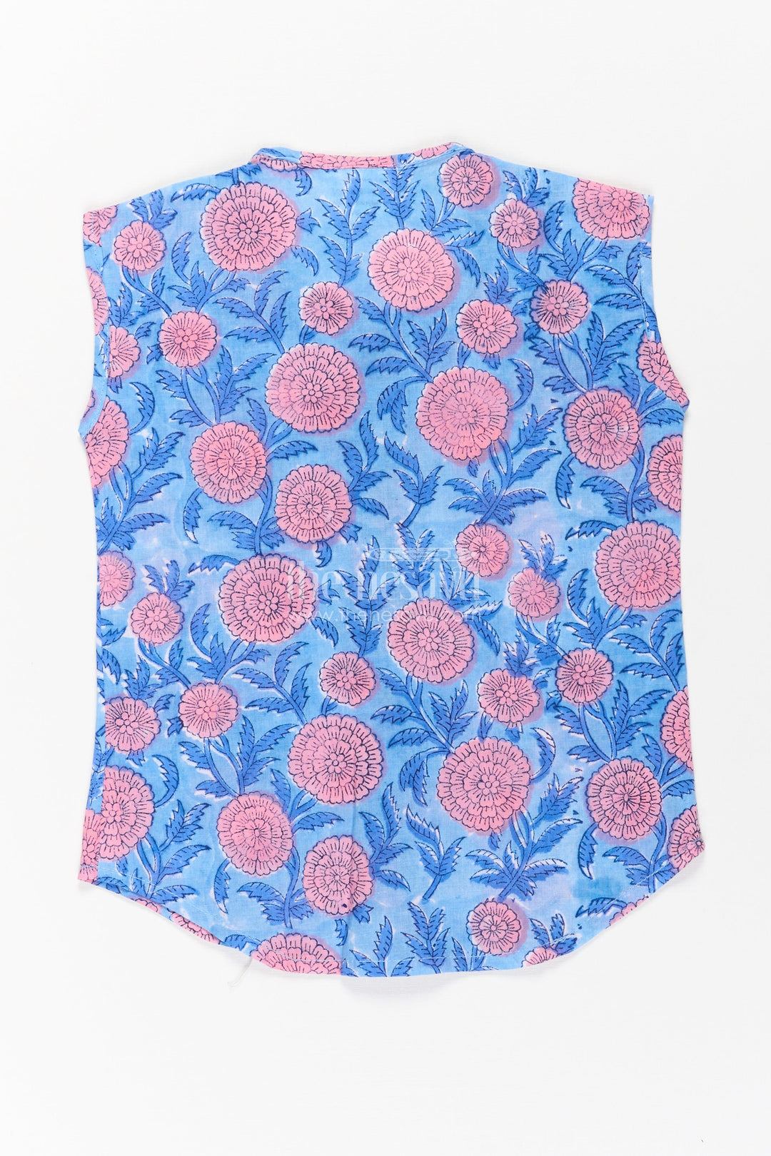 The Nesavu Baby Jablas Baby Boys Sleeveless Jabla in Blue with Bold Pink Florals in Jhablas for Infants Design Nesavu Jhablas infants Sky Blue Cotton Bold Pink Floral Digital Print Traditional Wooden Buttons | The Nesavu