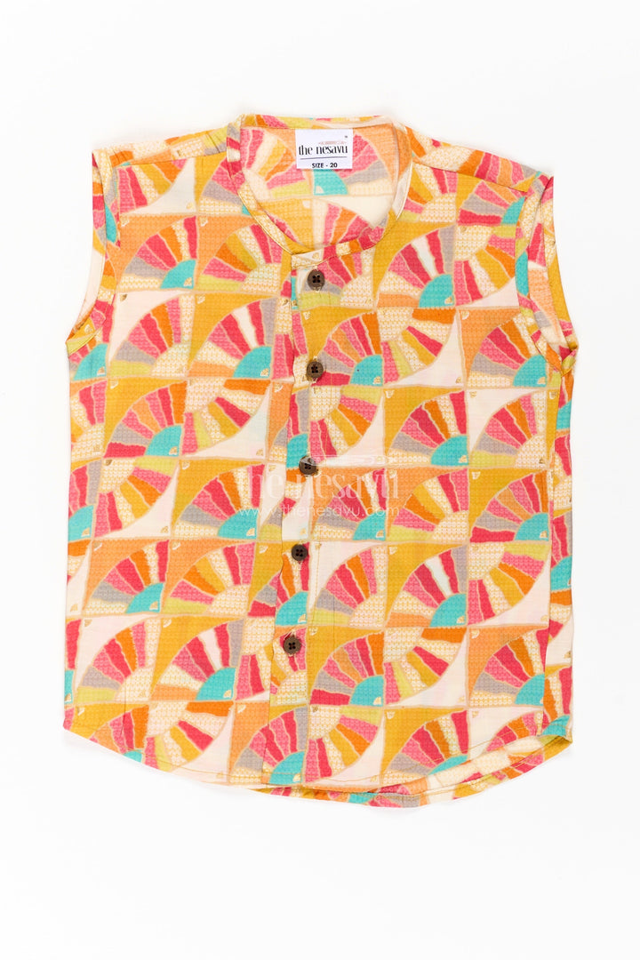 The Nesavu Baby Jablas Baby Boys Sleeveless Jabla in Modal Silk with Vibrant Fan Prints for Everyday Comfort in Jablas Online Style Nesavu 10 (NB) / Yellow IF026A-10 Jablas online Modal Silk Digital Fan Print Wooden Buttons Baby Boys | The Nesavu