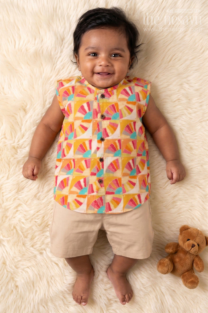 The Nesavu Baby Jablas Baby Boys Sleeveless Jabla in Modal Silk with Vibrant Fan Prints for Everyday Comfort in Jablas Online Style Nesavu 10 (NB) / Yellow IF026A-10 Jablas online Modal Silk Digital Fan Print Wooden Buttons Baby Boys | The Nesavu