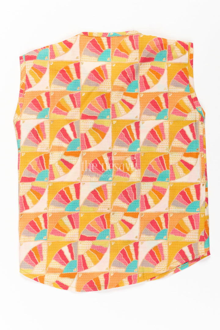 The Nesavu Baby Jablas Baby Boys Sleeveless Jabla in Modal Silk with Vibrant Fan Prints for Everyday Comfort in Jablas Online Style Nesavu Jablas online Modal Silk Digital Fan Print Wooden Buttons Baby Boys | The Nesavu