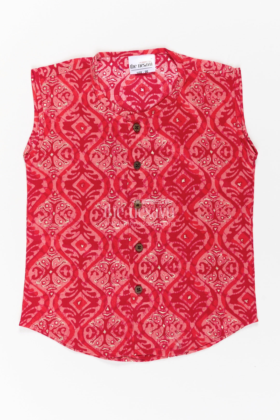 The Nesavu Baby Jablas Baby Boys Sleeveless Rayon Jabla in Red with Wooden Buttons and Ethnic Prints for Newborn Jhabla Set Nesavu 10 (NB) / Red IF025B-10 Newborn jhabla set Baby Boys Red Batik Print Rayon Wooden Button Finish | The Nesavu