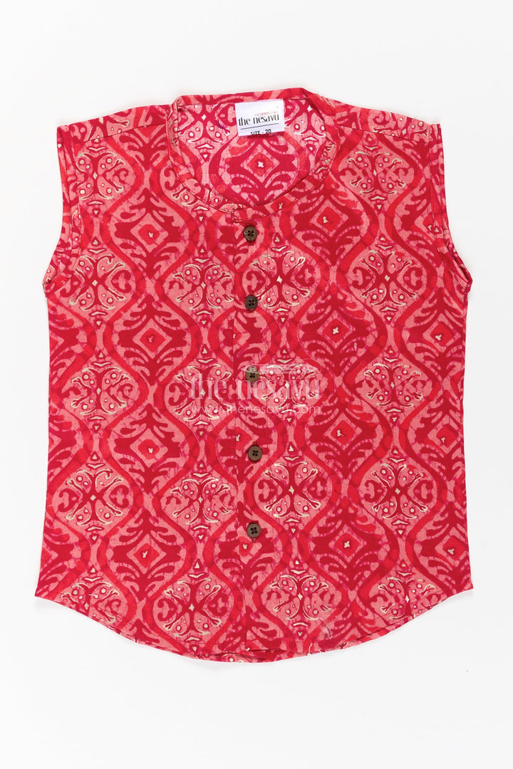 The Nesavu Baby Jablas Baby Boys Sleeveless Rayon Jabla in Red with Wooden Buttons and Ethnic Prints for Newborn Jhabla Set Nesavu 10 (NB) / Red IF025B-10 Newborn jhabla set Baby Boys Red Batik Print Rayon Wooden Button Finish | The Nesavu